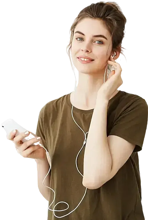 young beautiful woman with bun smiling listening music headphones mobilo copy